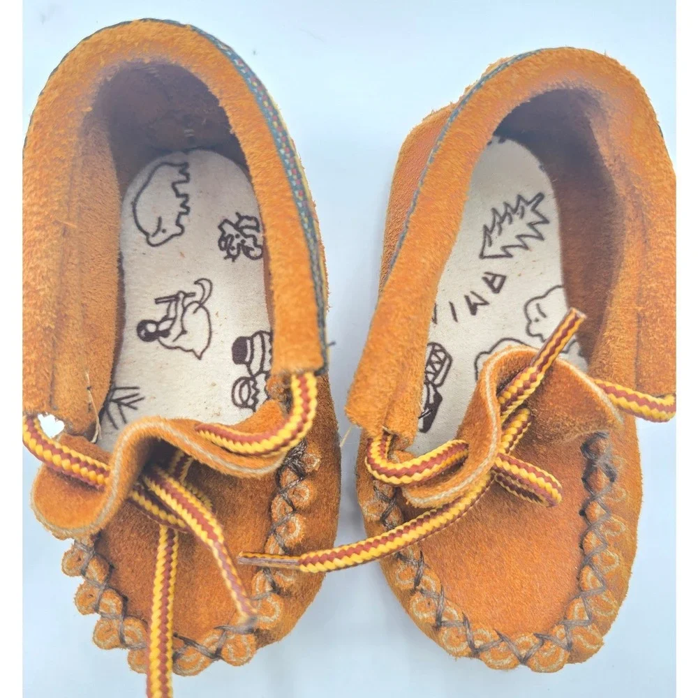 Vintage Animoc Indian‎ Moccasins Baby Suede Booties Size 4 Tan Fringe with Box